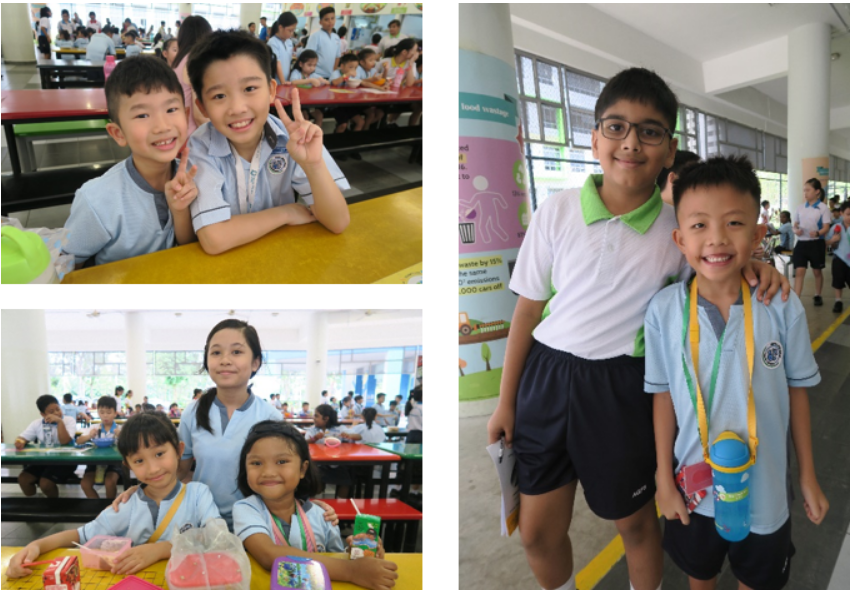 Three photos of smiling school children in blue uniforms posing together in a school cafeteria and hallway.